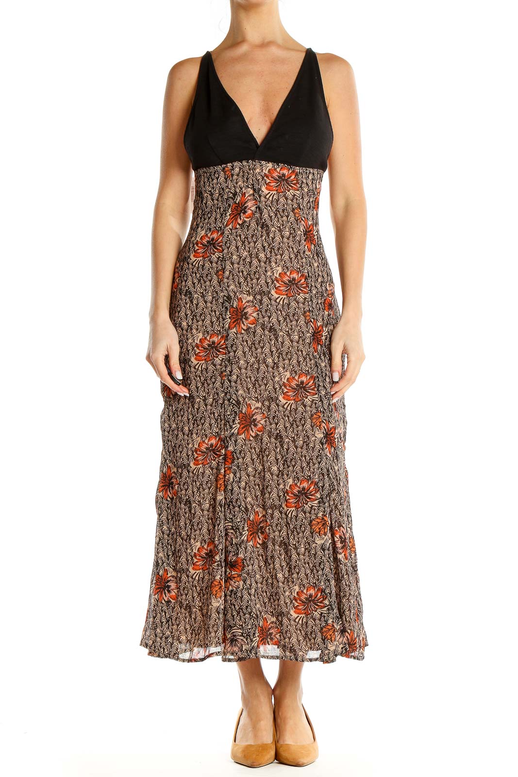 Front view of Free People brown floral maxi dress with black V-neck