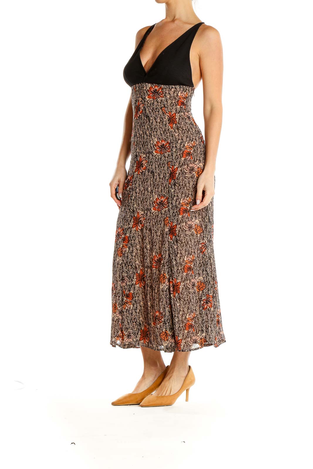 Front view of Free People brown floral maxi dress with black V-neck