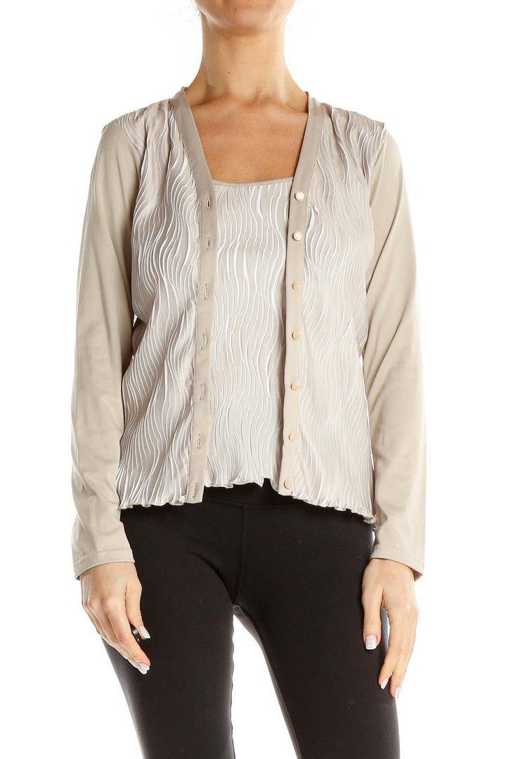 Beige Textured Attached Top and Cardigan