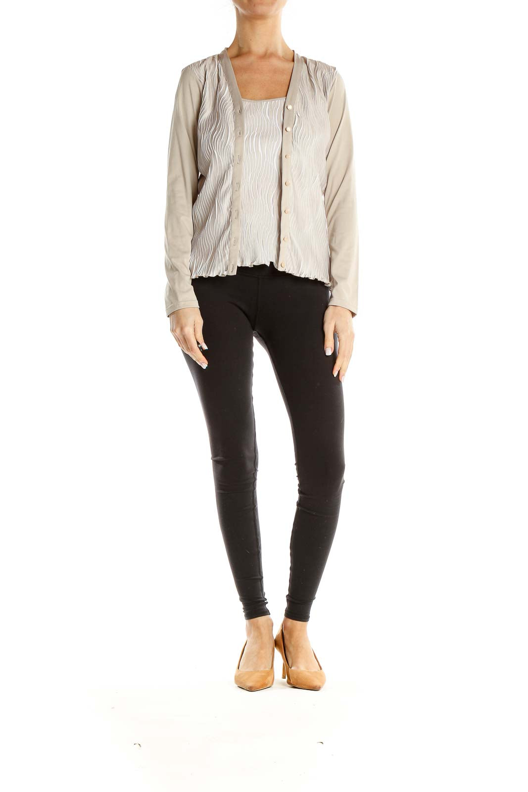 Beige Textured Attached Top and Cardigan