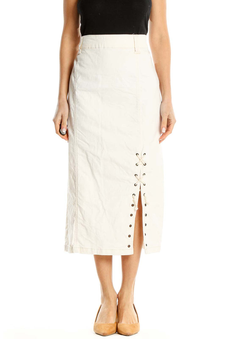 Lace-Up Slit White Midi Skirt