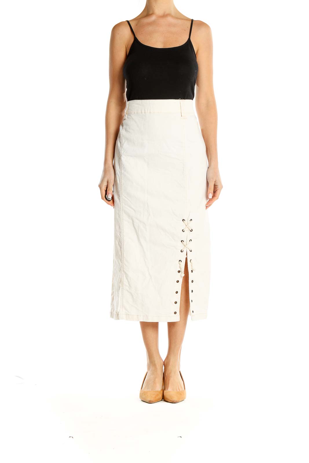 Lace-Up Slit White Midi Skirt