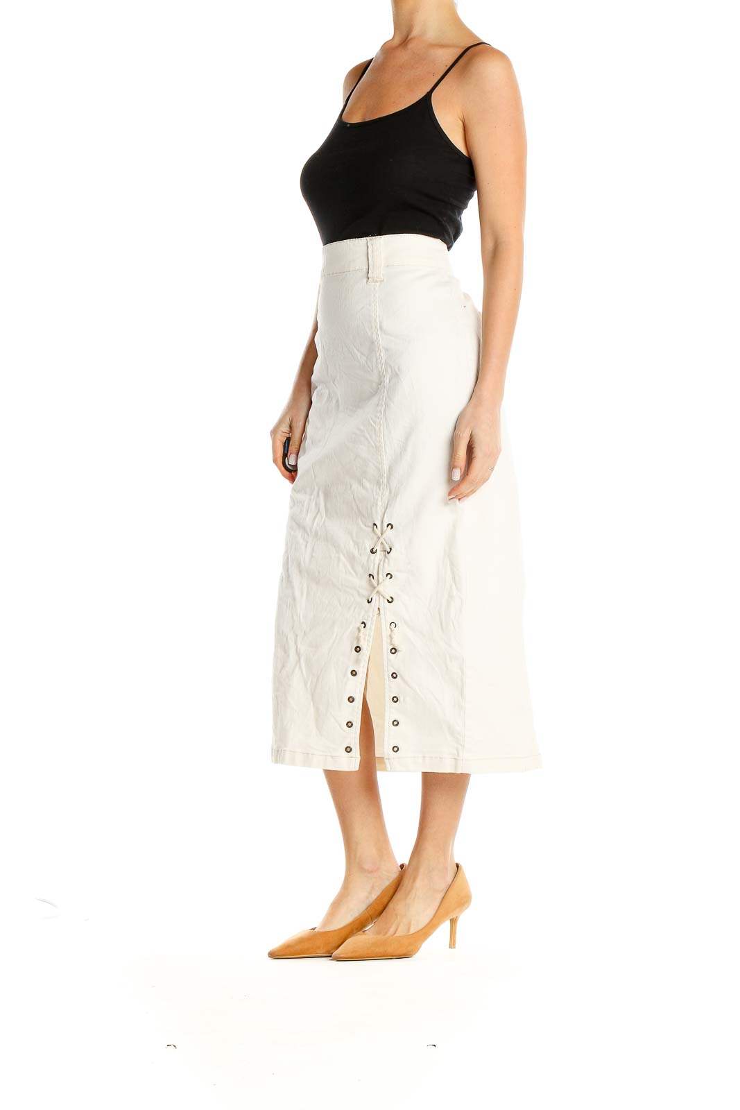 Lace-Up Slit White Midi Skirt