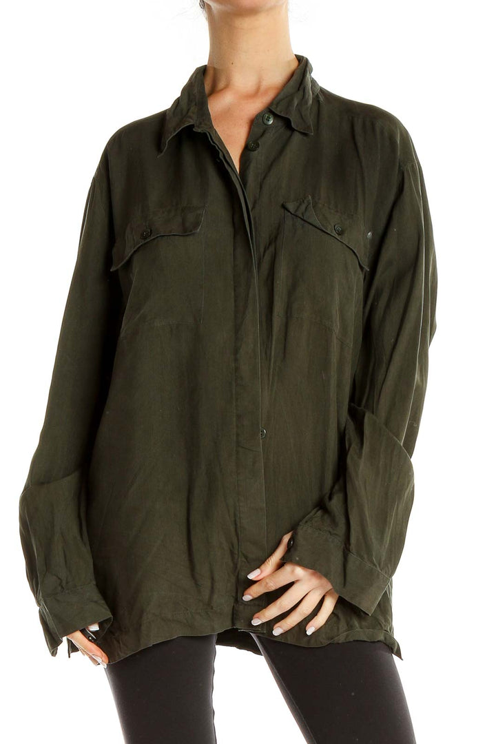 Green Silk Button Up Classic Shirt