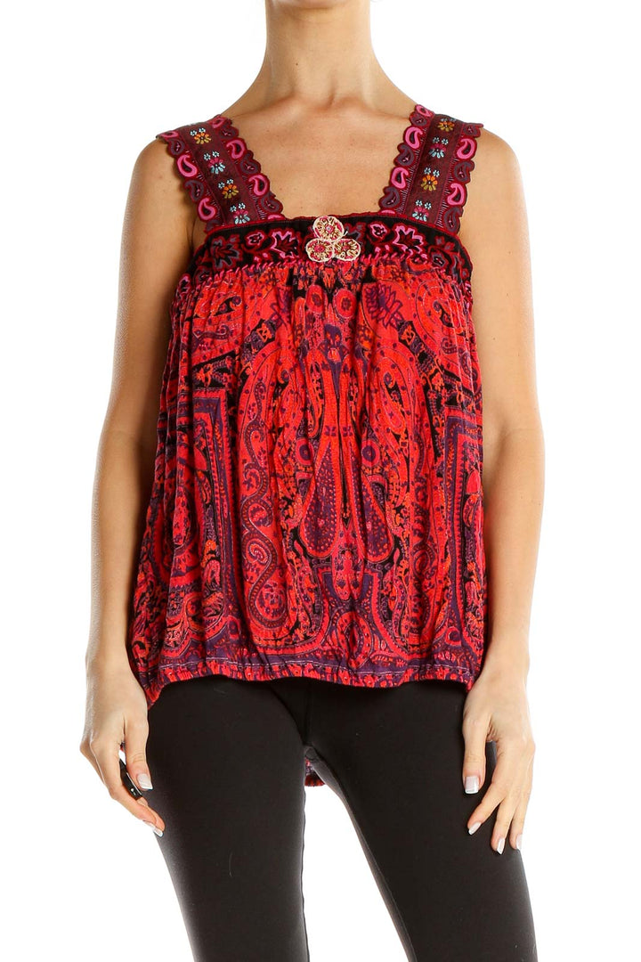 Front view of red paisley tank top with embroidered straps