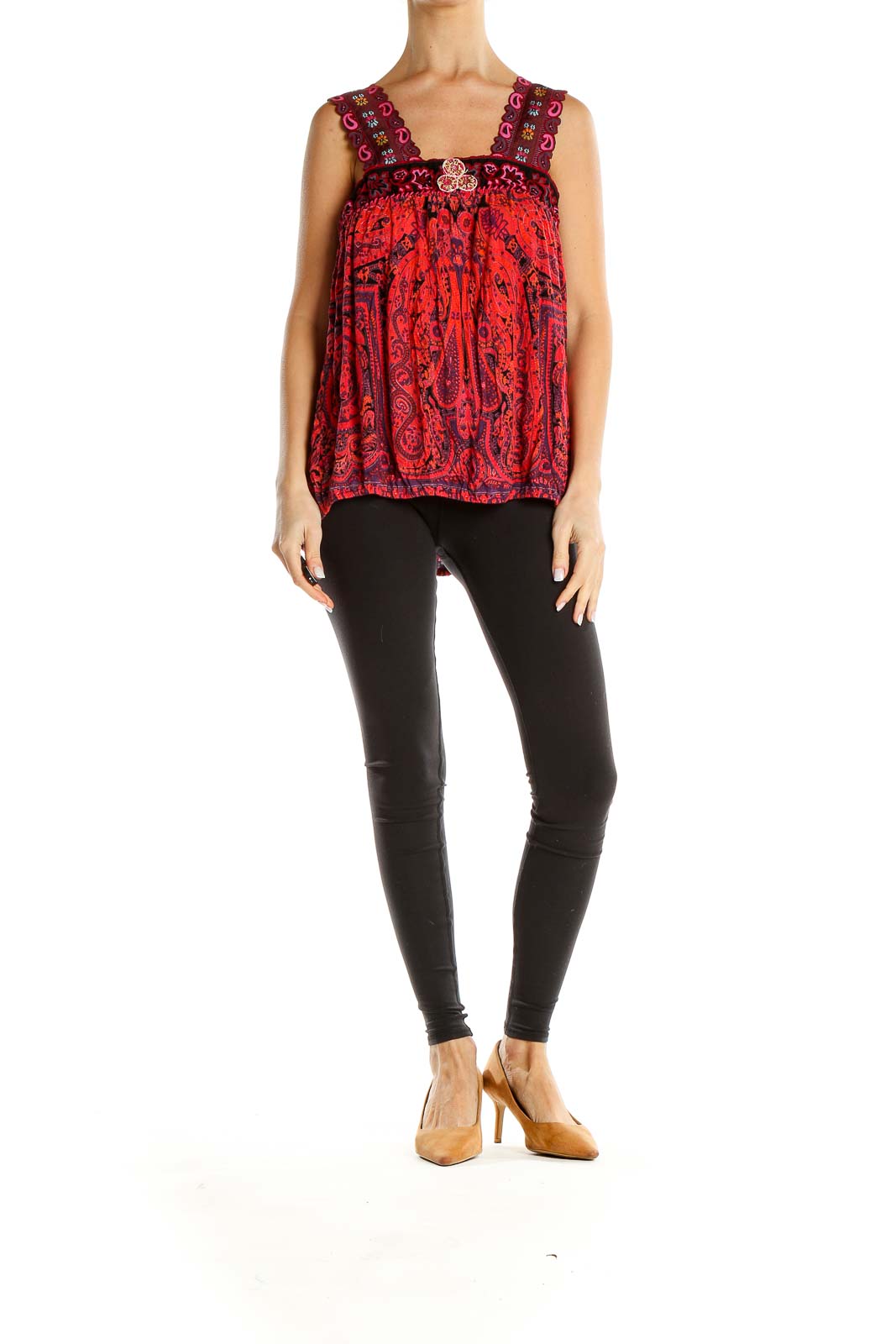 Front view of red paisley tank top with embroidered straps