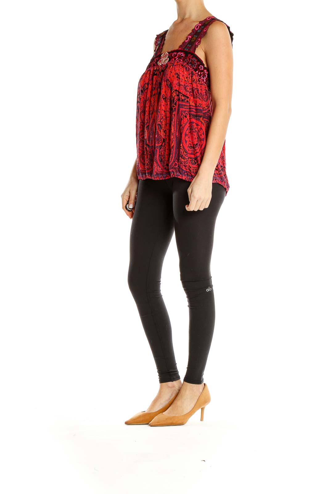 Front view of red paisley tank top with embroidered straps