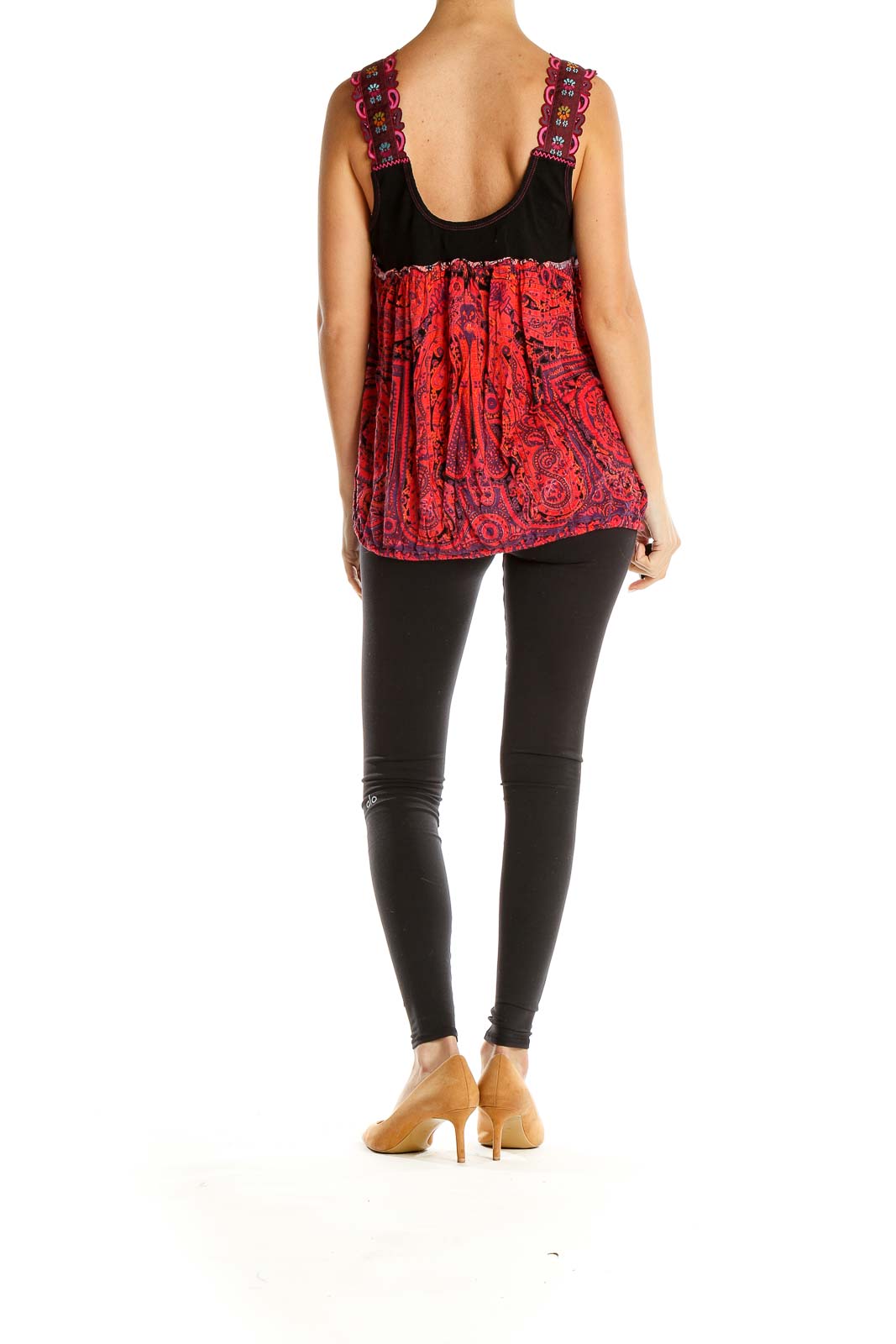 Back view of red paisley tank top showing low-cut design