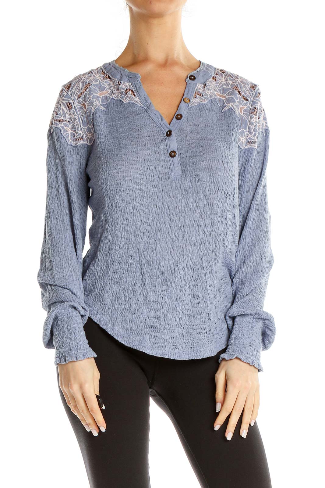 Front view of Free People blue lace-trimmed Henley top