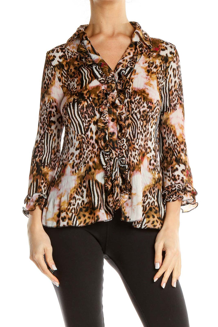 Brown Pink Animal Print Pleated Blouse