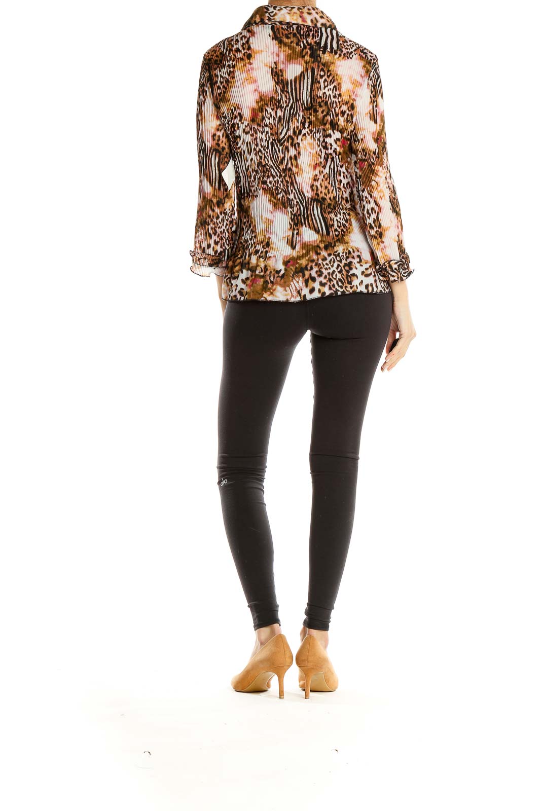 Brown Pink Animal Print Pleated Blouse