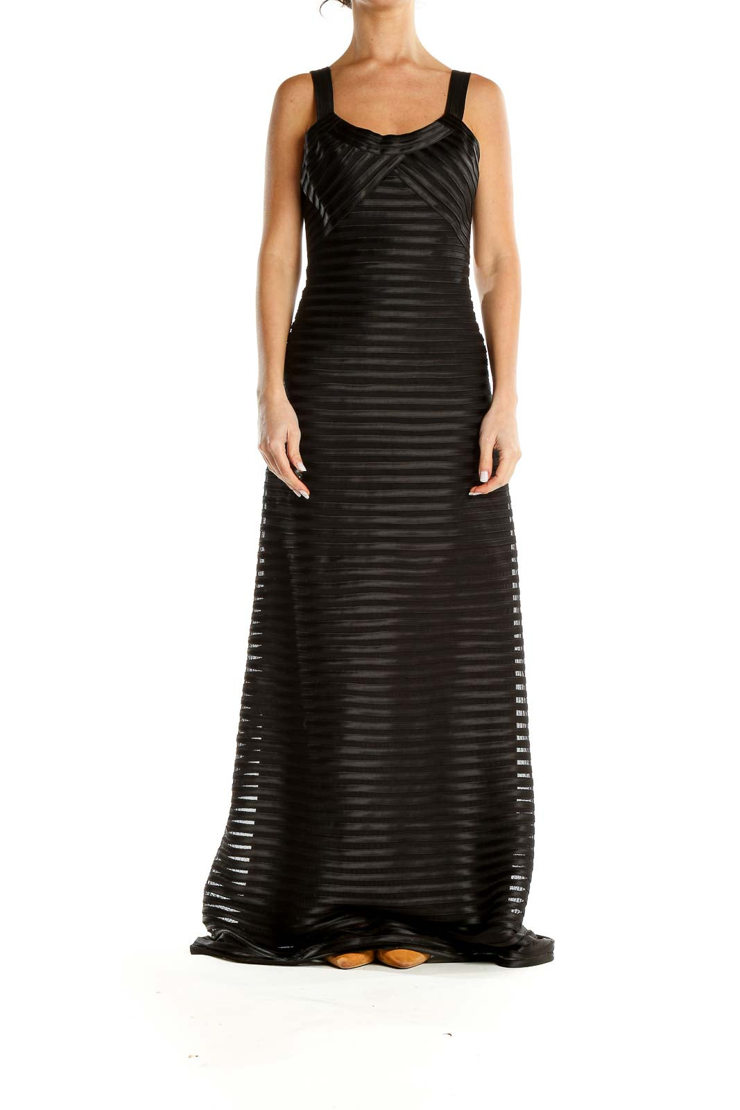 Black Mesh Striped Formal Maxi Dress