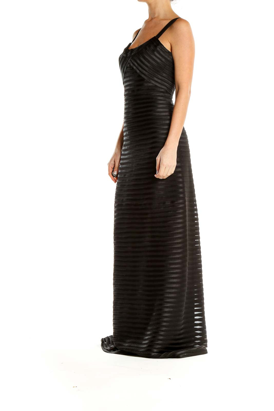 Black Mesh Striped Formal Maxi Dress