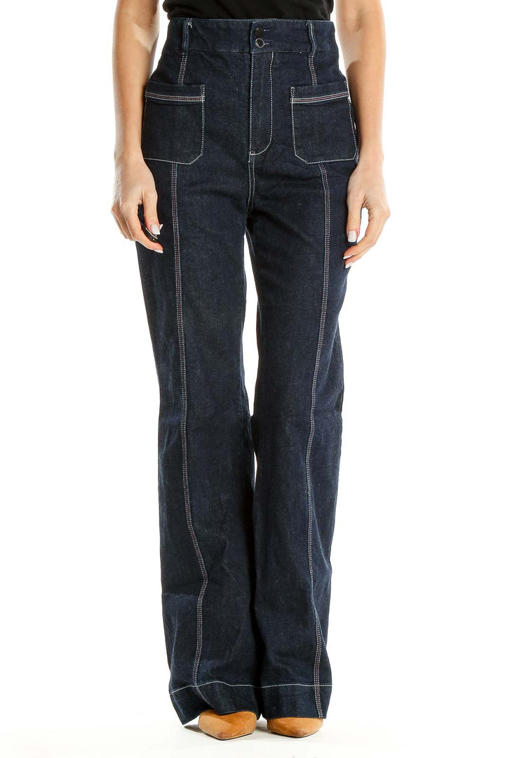 Blue Dark Wash Contrast-Stitch High-Waisted Bootcut Jeans