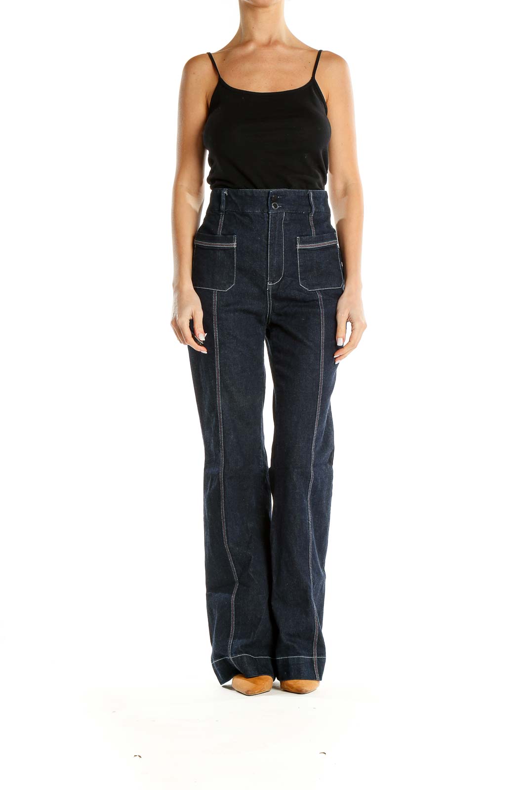 Blue Dark Wash Contrast-Stitch High-Waisted Bootcut Jeans