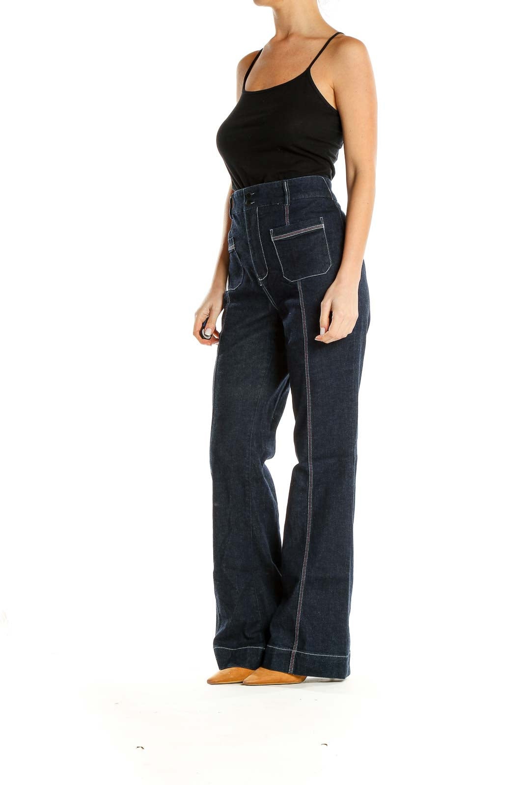 Blue Dark Wash Contrast-Stitch High-Waisted Bootcut Jeans