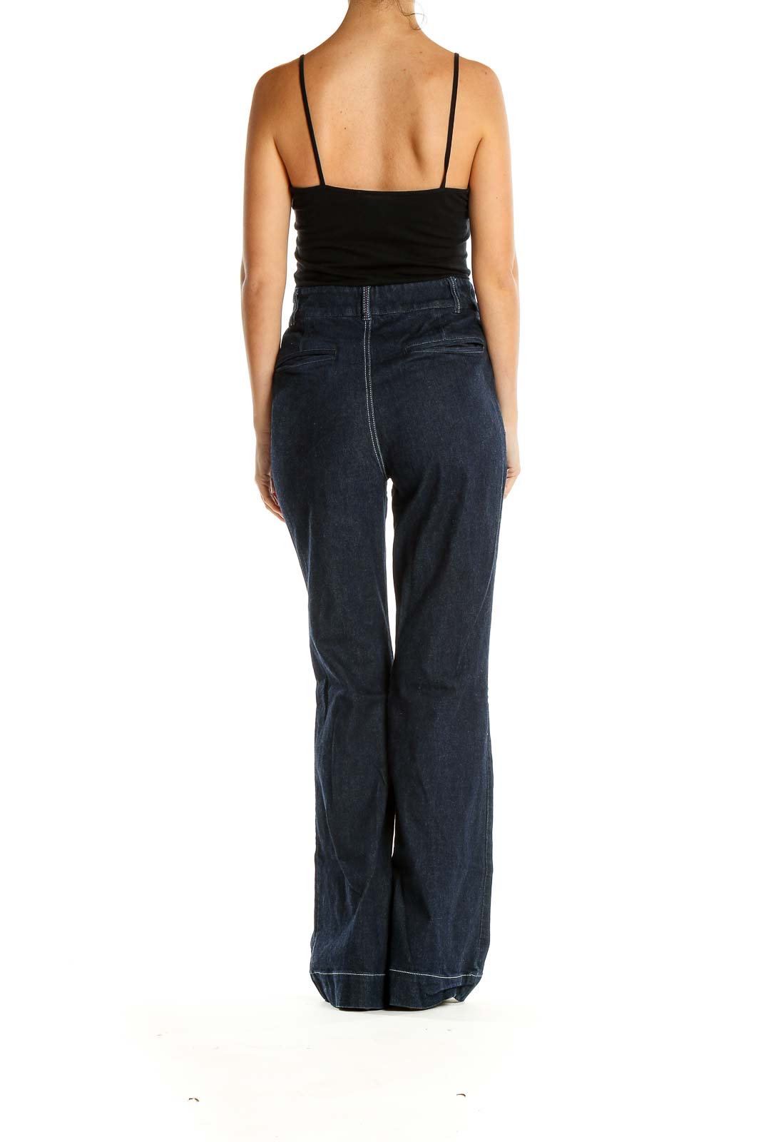 Blue Dark Wash Contrast-Stitch High-Waisted Bootcut Jeans