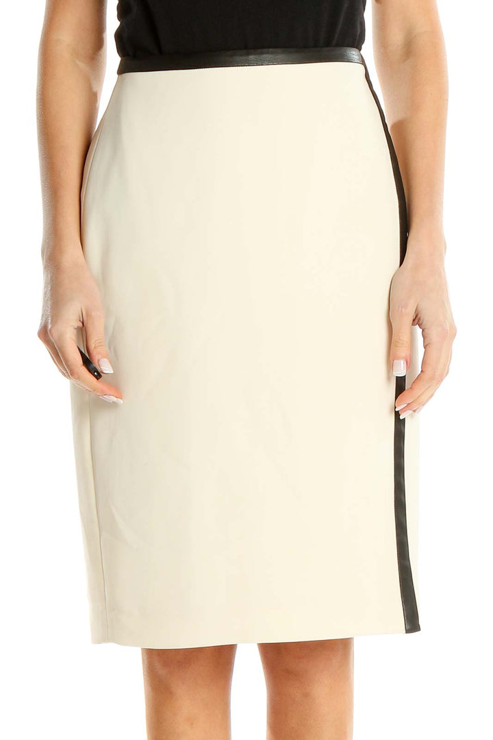 Leather Trim White Classic Pencil Skirt