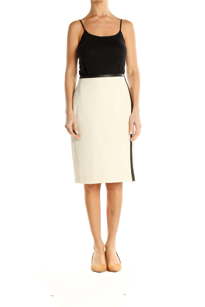 Leather Trim White Classic Pencil Skirt