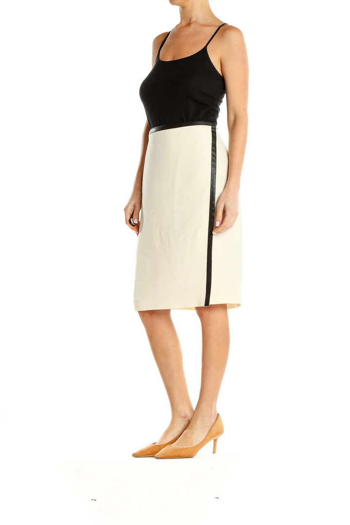 Leather Trim White Classic Pencil Skirt