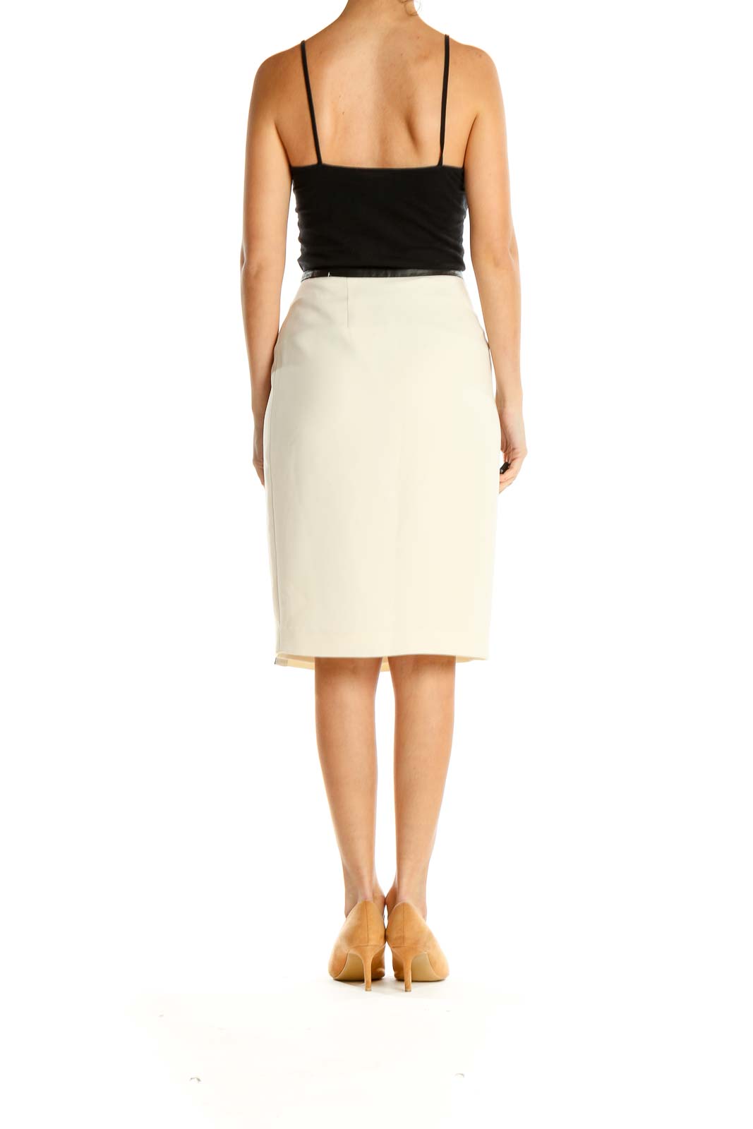 Leather Trim White Classic Pencil Skirt