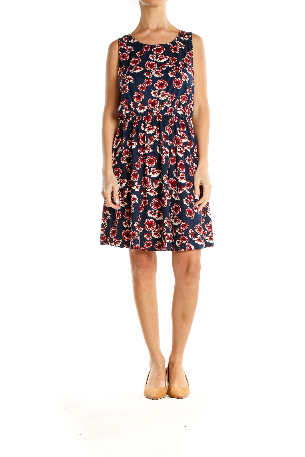 Blue Red Floral Print Fit & Flare Dress