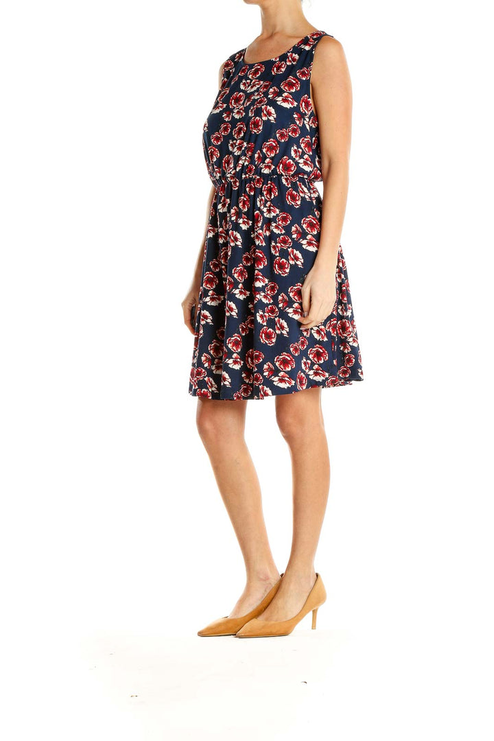 Blue Red Floral Print Fit & Flare Dress