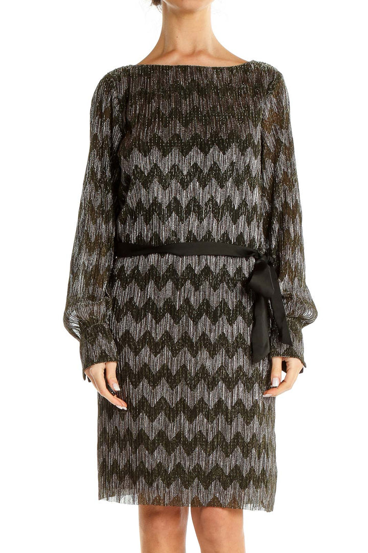 Silver Black Shimmer Chevron Print Cocktail Dress