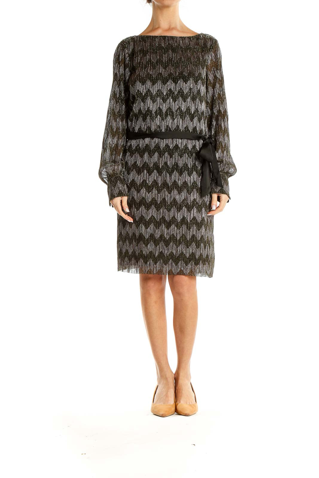 Silver Black Shimmer Chevron Print Cocktail Dress