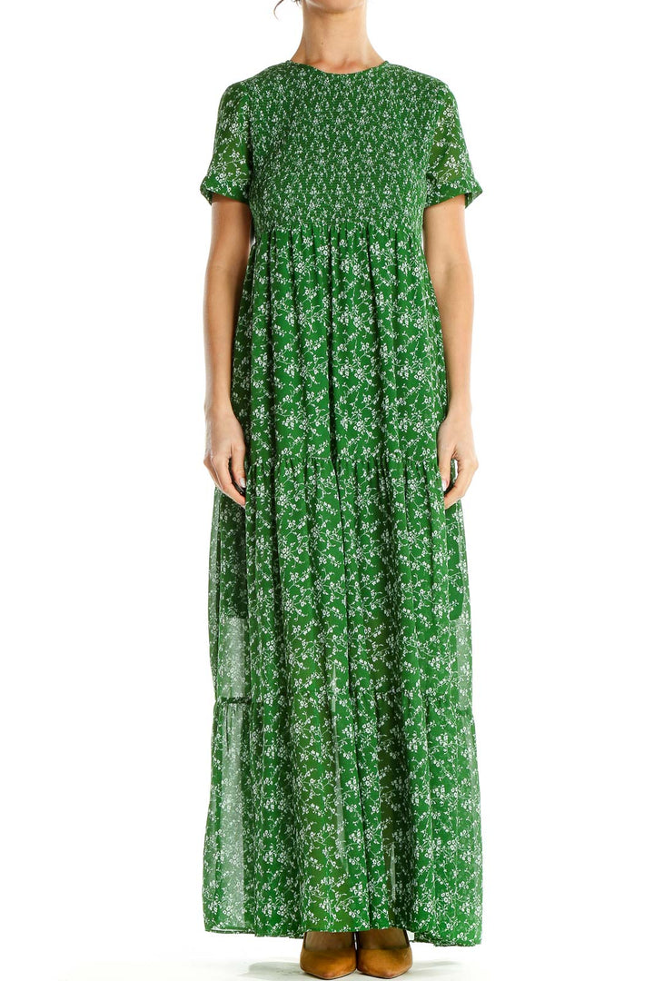 Green Floral Print Tiered Maxi Dress