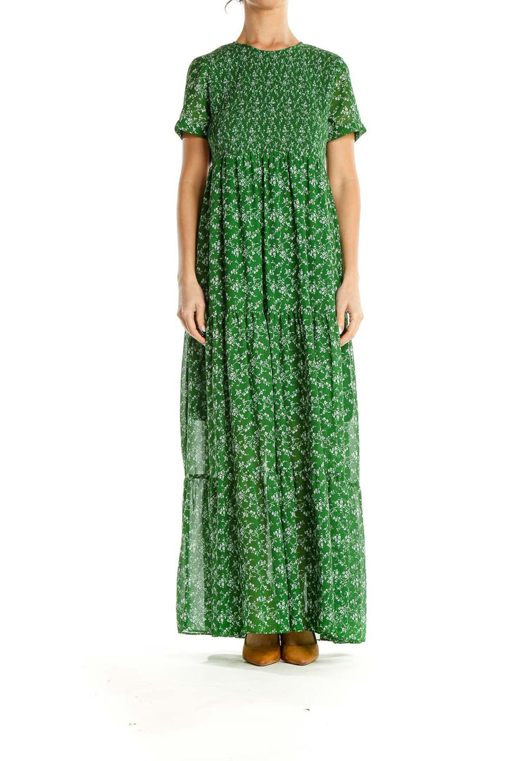 Green Floral Print Tiered Maxi Dress