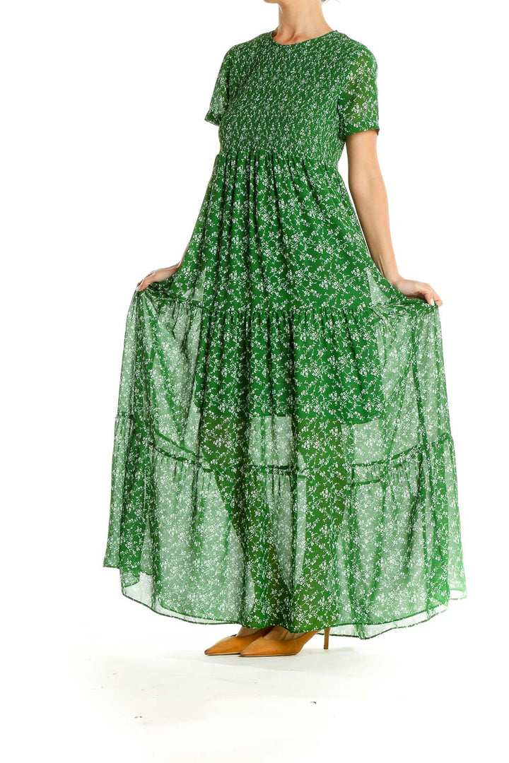 Green Floral Print Tiered Maxi Dress