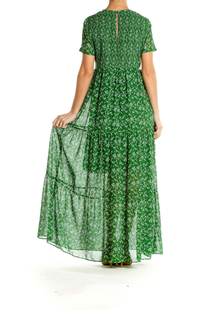 Green Floral Print Tiered Maxi Dress