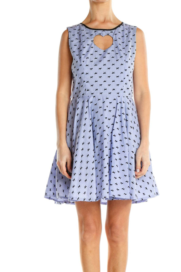 Blue Cut-out Printed Flare Dress