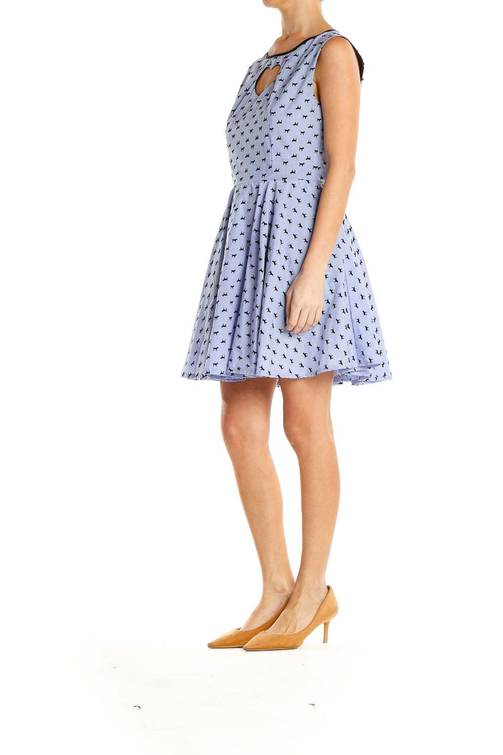 Blue Cut-out Printed Flare Dress