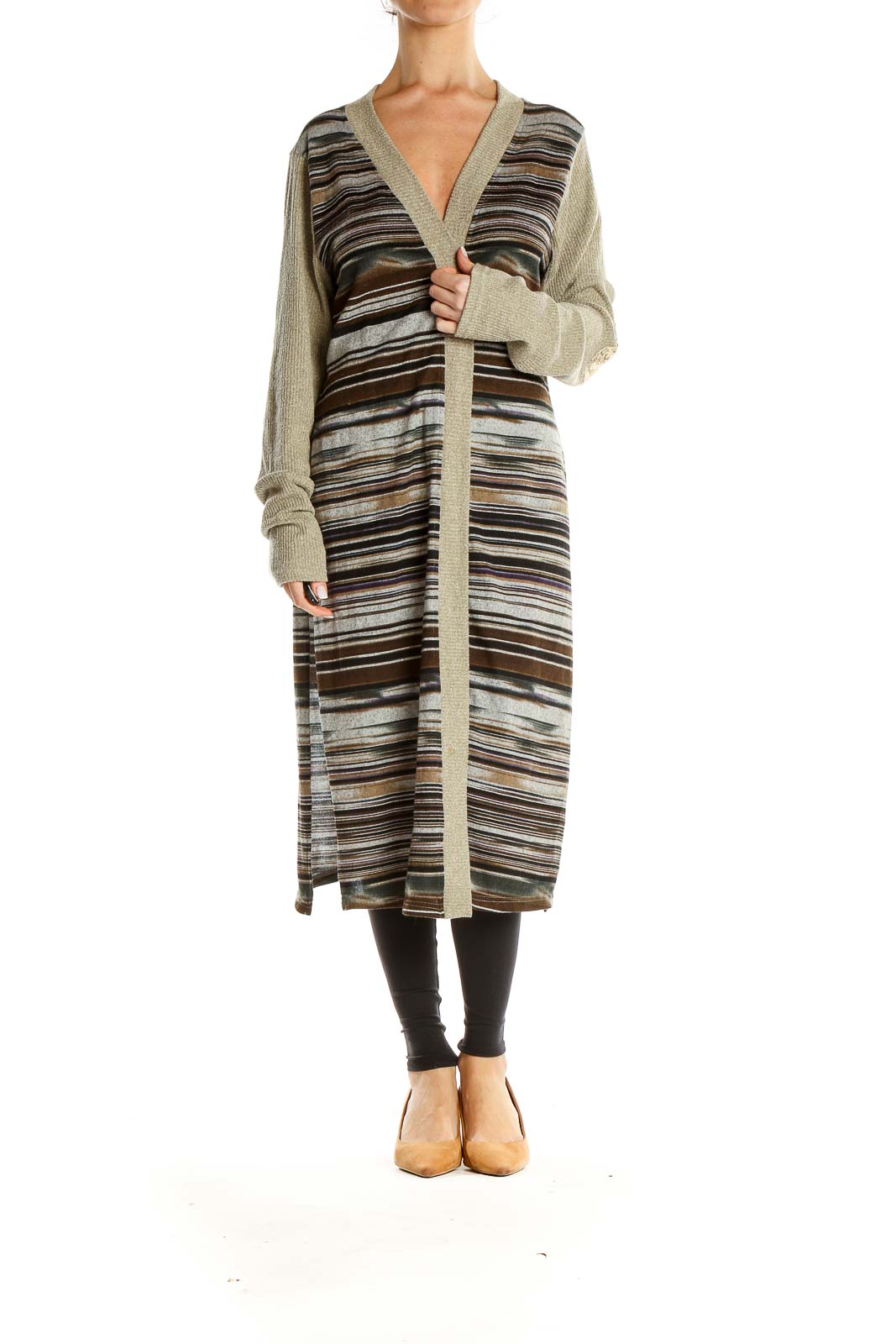 Beige Brown Striped Long Cardigan