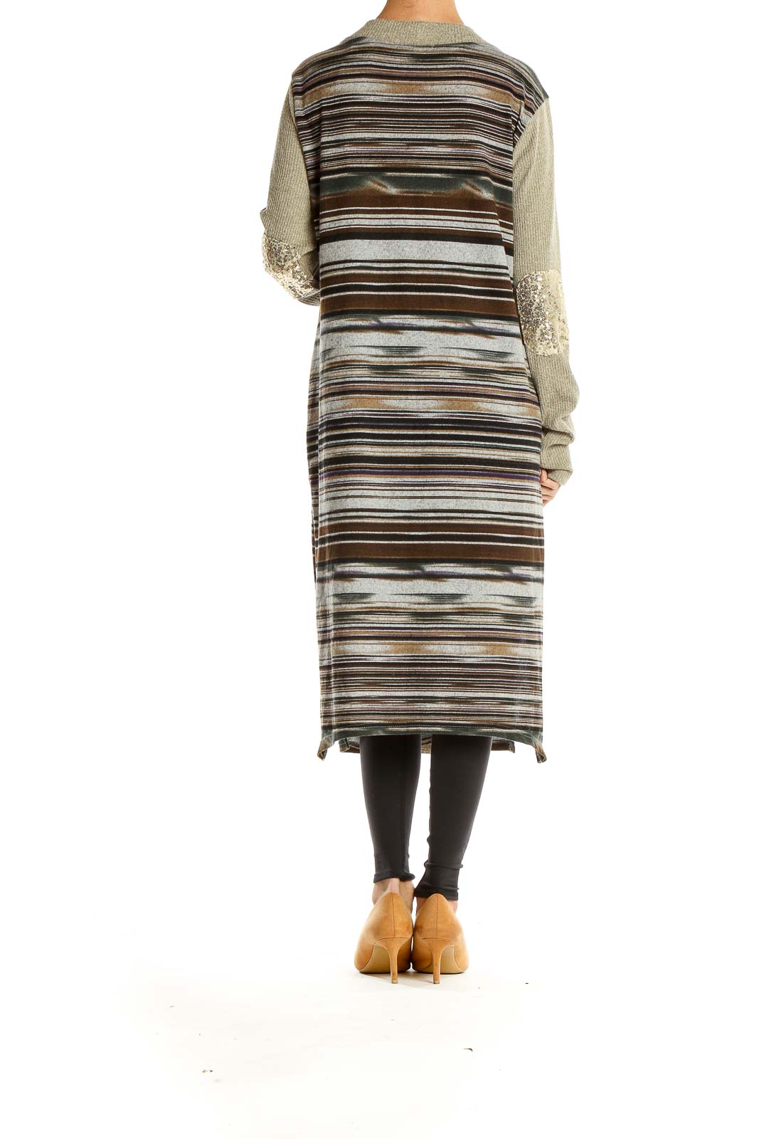 Beige Brown Striped Long Cardigan