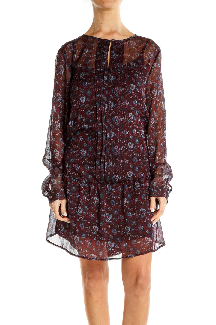 Maroon Floral Print Sheer Bohemian Shift Dress