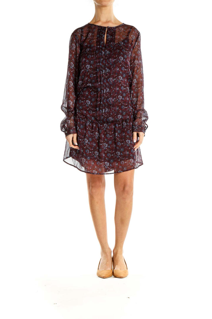 Maroon Floral Print Sheer Bohemian Shift Dress