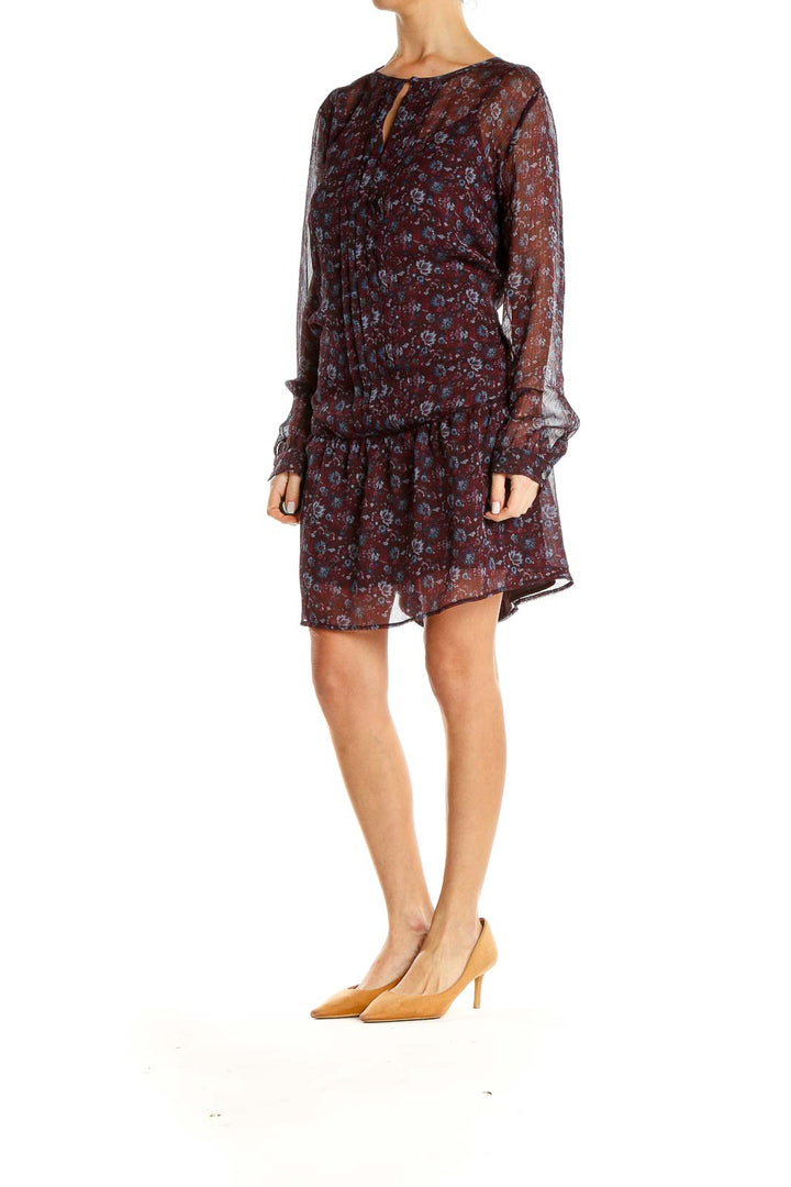 Maroon Floral Print Sheer Bohemian Shift Dress