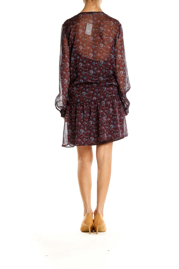 Maroon Floral Print Sheer Bohemian Shift Dress