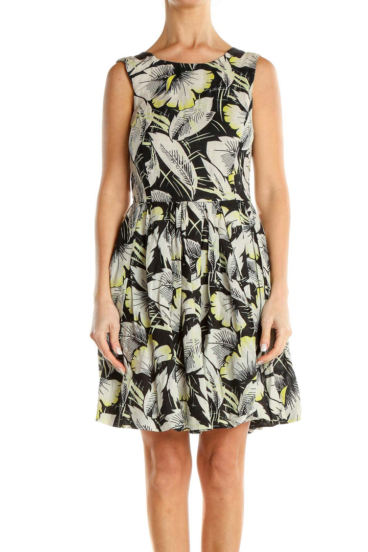 Black Yellow Gray Tropical Print Retro Mini Dress