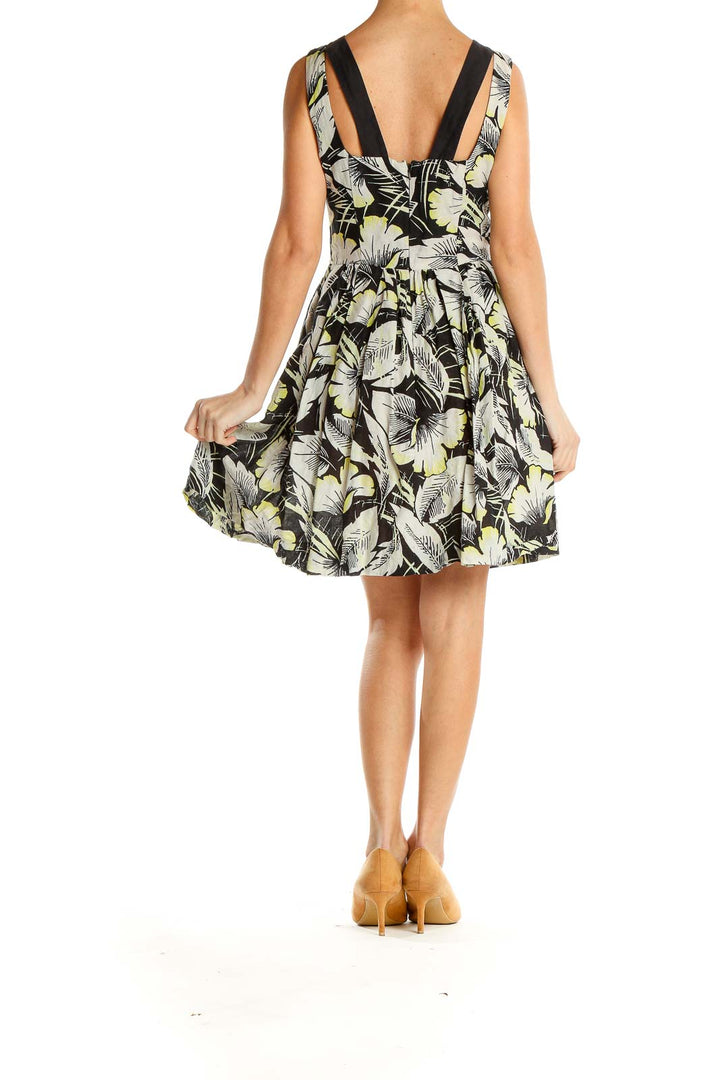 Black Yellow Gray Tropical Print Retro Mini Dress