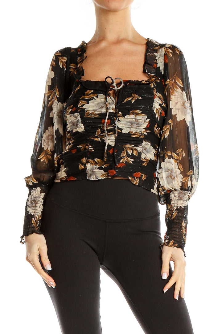 Black Floral Print Metallic Ruched Cropped Blouse