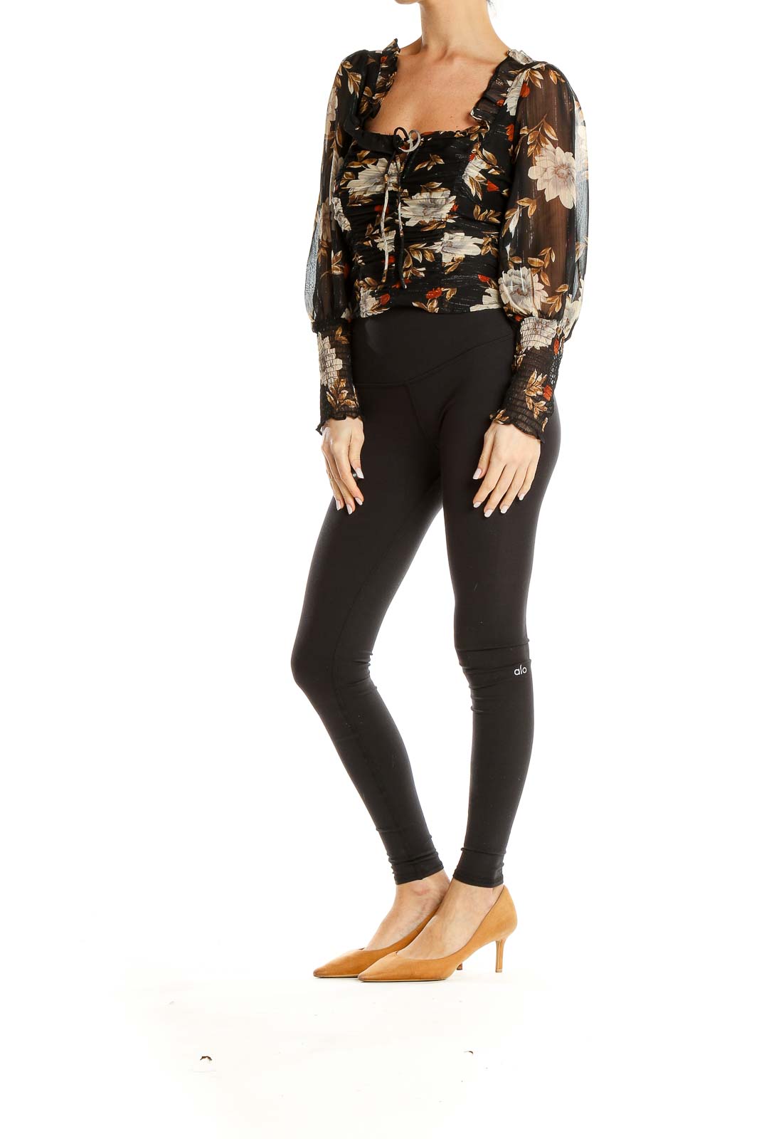 Black Floral Print Metallic Ruched Cropped Blouse