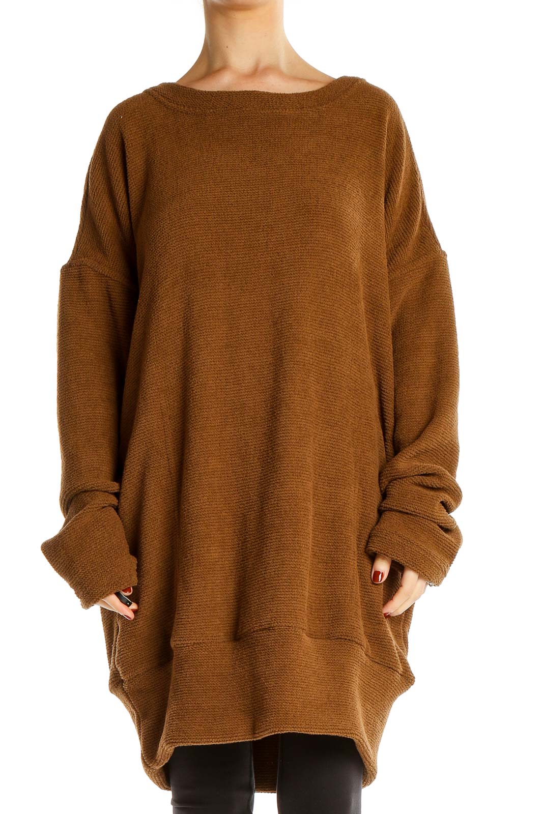 Front view of brown oversized knit sweater dress from Free People