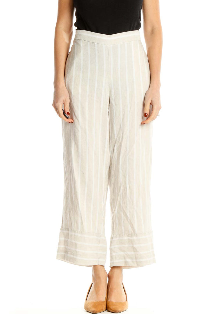 Beige Striped Holiday Culottes Pants