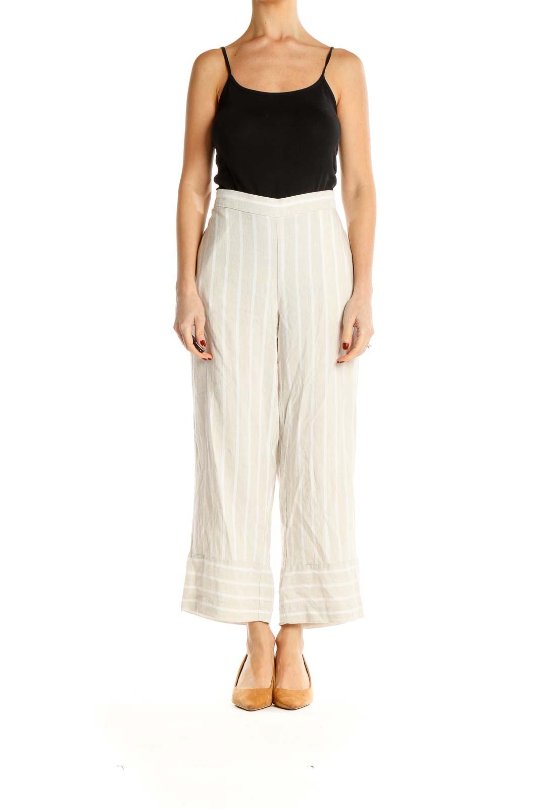 Beige Striped Holiday Culottes Pants