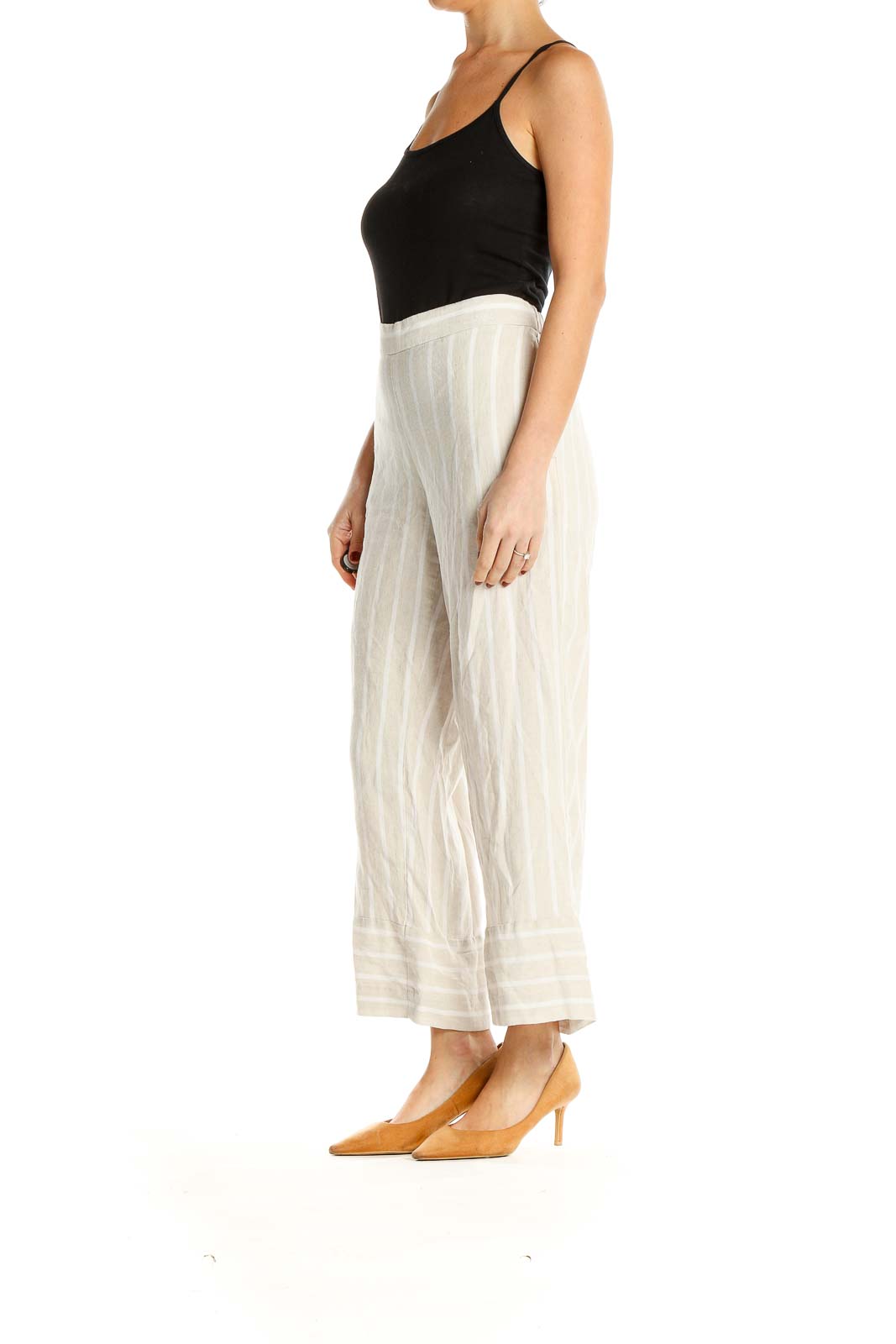 Beige Striped Holiday Culottes Pants