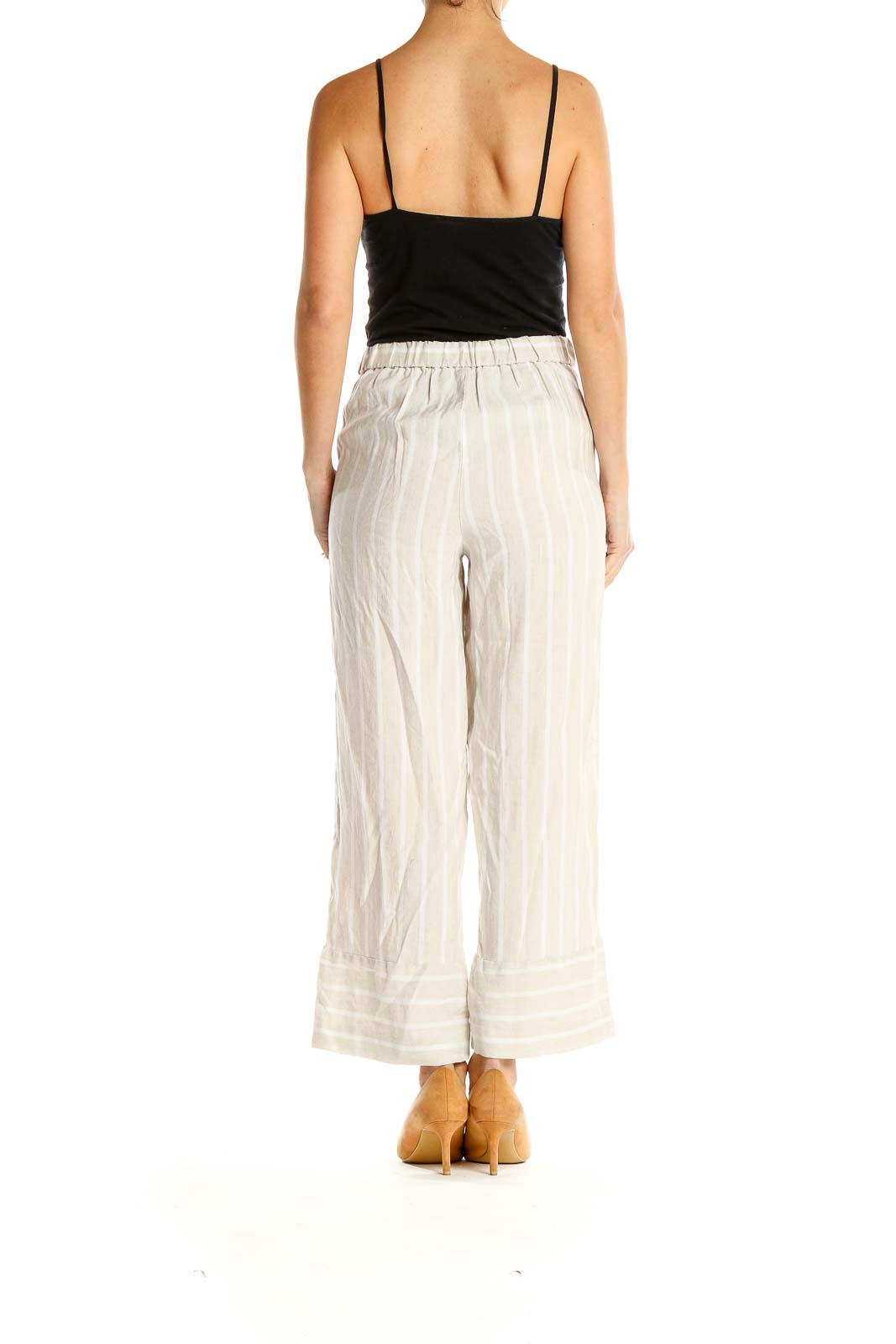 Beige Striped Holiday Culottes Pants